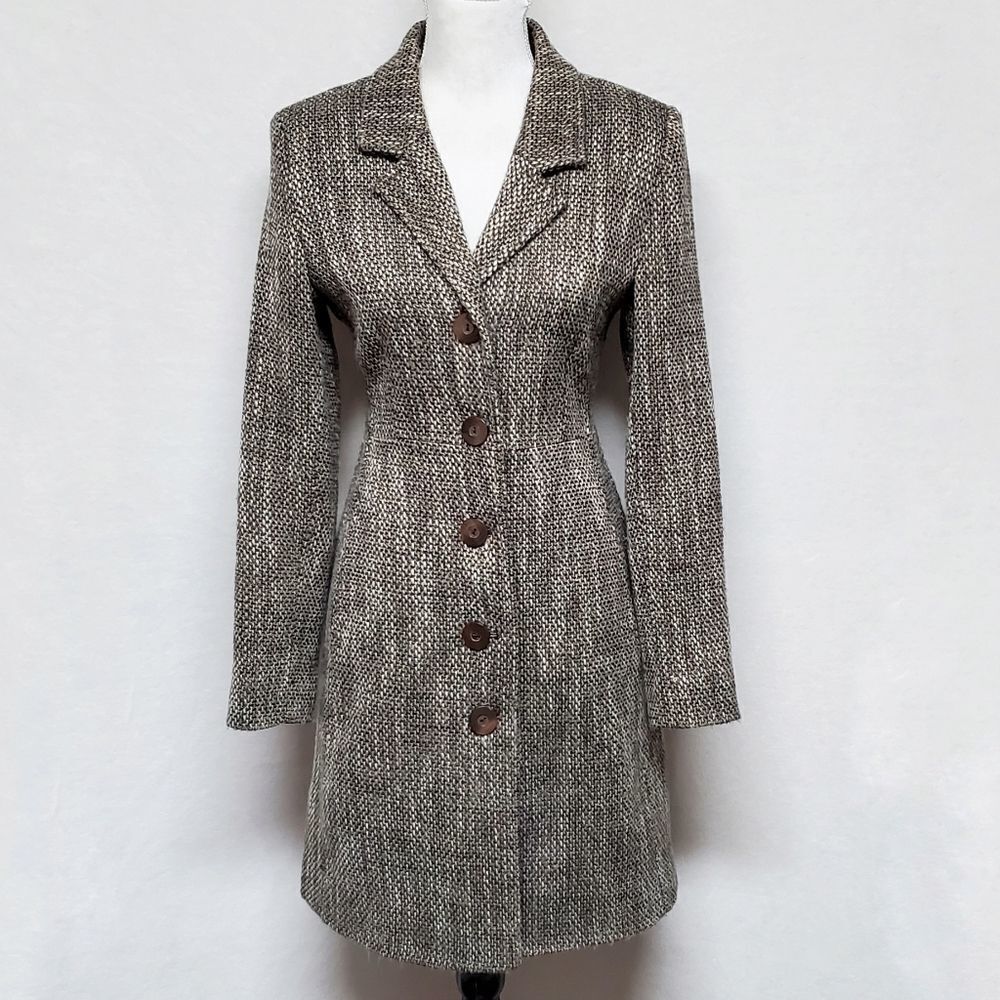 VINTAGE 90s/Y2K Old Navy Brown Tweed Italian Wool Princess Coat Peacoat Jacket - Picture 3 of 15